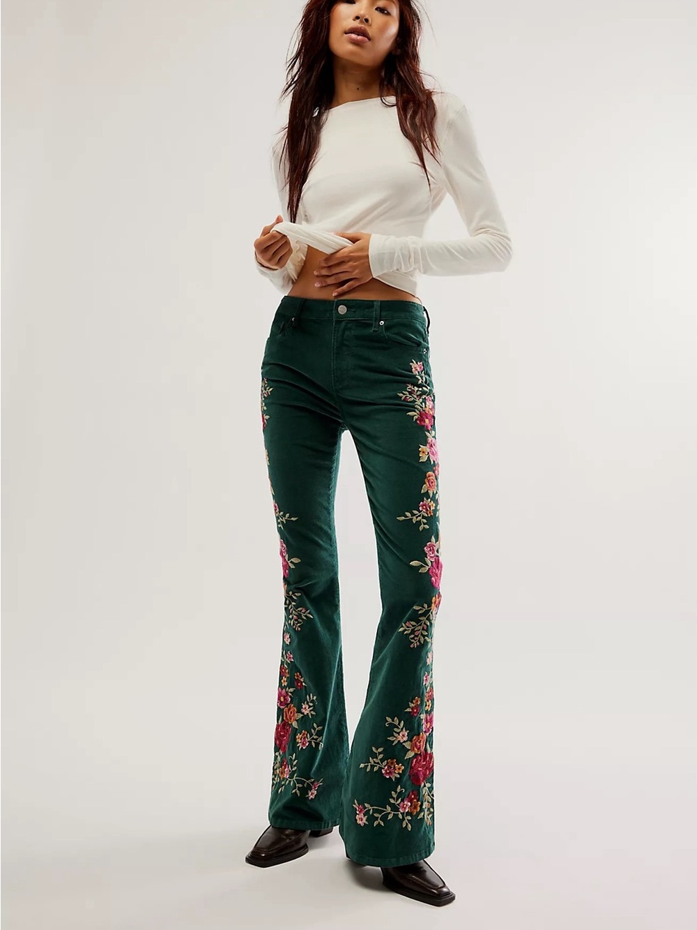 Free People DRIFTWOOD Forest Green Corduroy jeans with Floral Embroidery